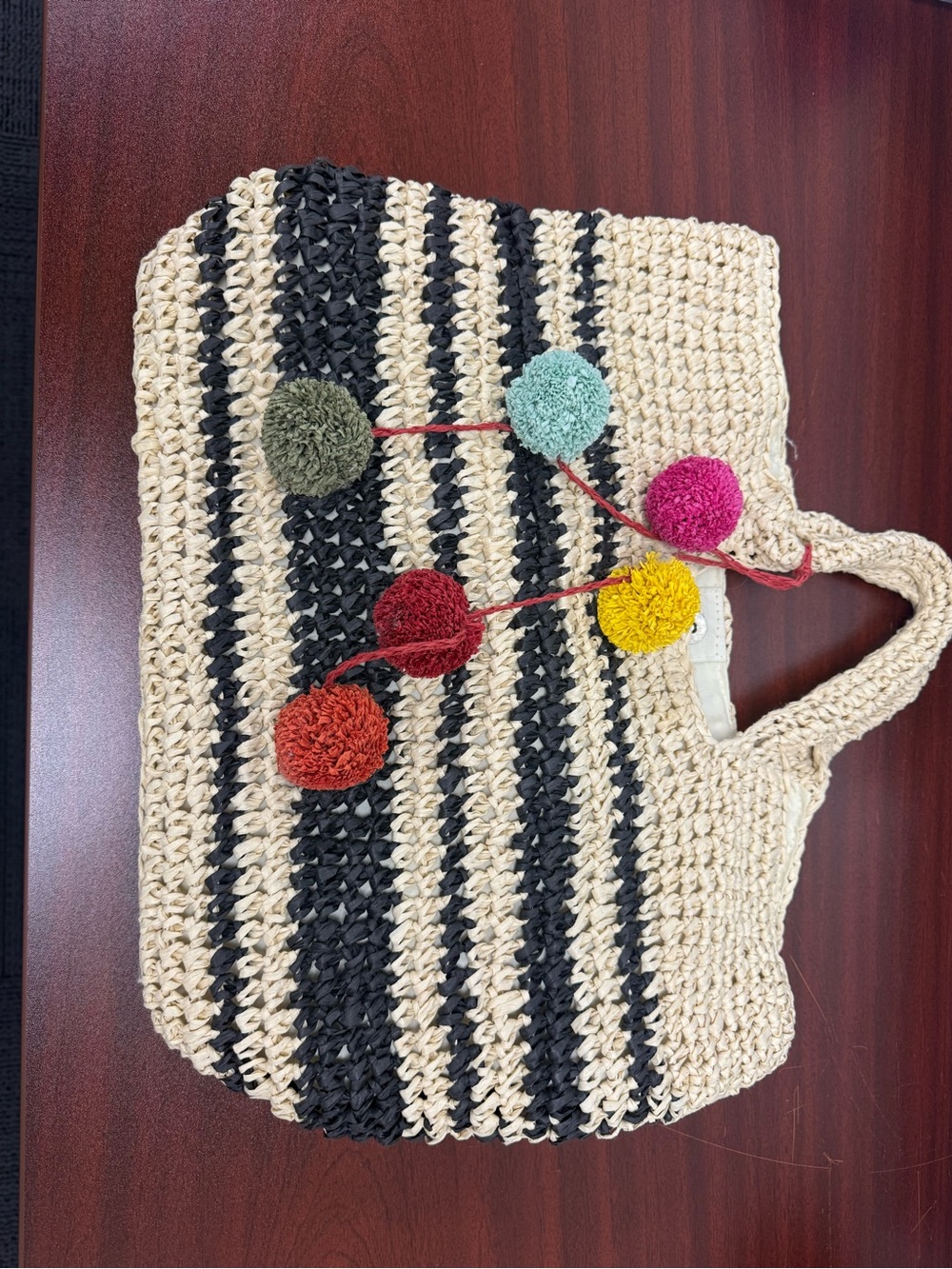 Handwoven Paper Yarn Tote Bag with Colorful Pom-Pome - Cream & Black
